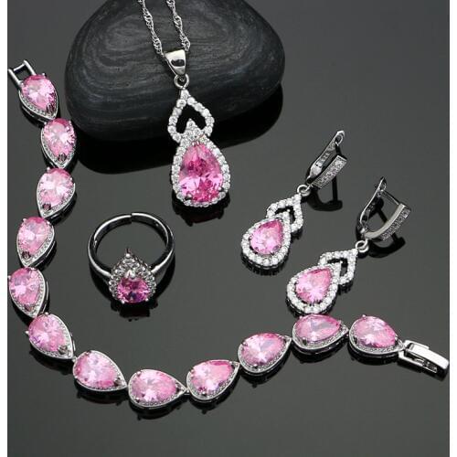 925 Silver Bridal Jewelry Sets Princes Pink CZ Decoration Women Wedding Drop Earrings Open Ring/Bracelet/Pendant/Necklace Set