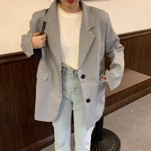 Office Ladies Notched Collar Loose Plaid Blazer Women Single Breasted Autumn Jacket 2021 Casual Pockets Female Suits Coat