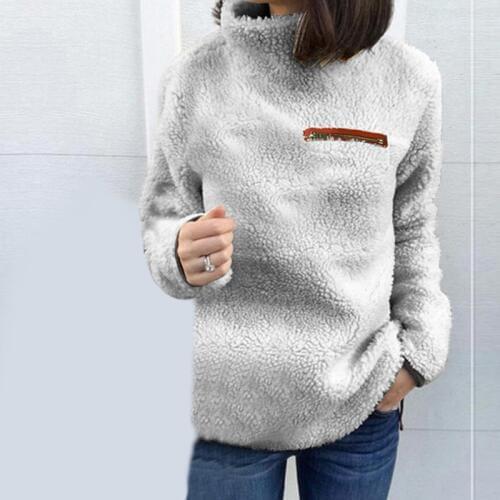GAOKE Fashion Turtleneck Sweater Women Pullover Tops Fluffy Fleece Warm Autumn Winter Long Sleeve Ladies Zip Sweaters Jumper