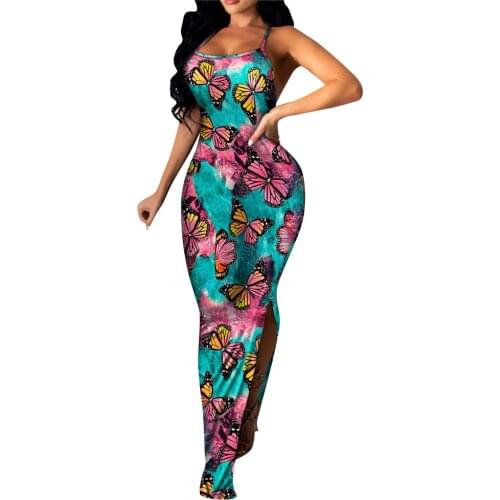 New Sexy Split Dress Womens Casual Print Flower Temperament Summer Camisole V-neck Dress Spaghetti Strap Bodycon Dress Vestidos