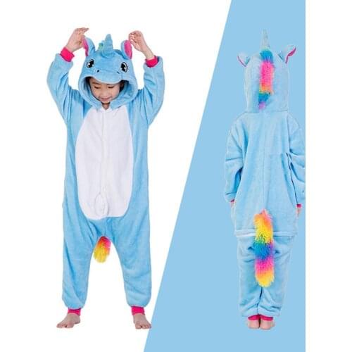 Girls Boys Winter Kigurumi Pajamas Blue Unicorn Cartoon Anime Animal Onesies Kids Sleepwear Flannel Warm Children Jumpsuit
