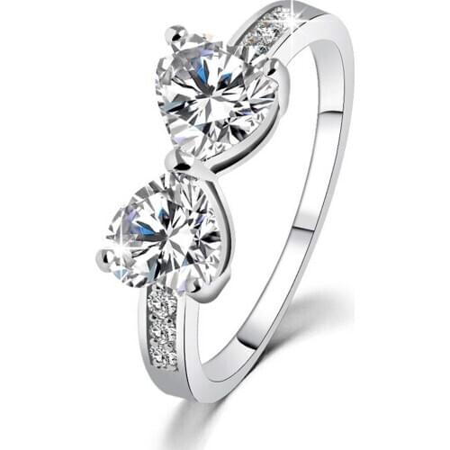 1 Piece!! 2 Hearts shaped silver plated jewelry Ring antique CZ rhinestone crystal wedding band Engagement Rings for women girls