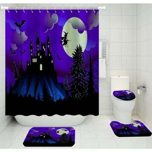 4 Pieces Dark Bath Sets Halloween Shower Curtain Terror Style Toilet Mat Witch Bat U-shaped Pad 3D Print Washable Floor Rugs