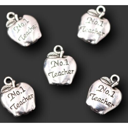 20pcs NO.1 Teacher Tag Apple Pendants Bracelet Earring Metal Accessories DIY Charms For Teachers Day Jewelry Craft Making A2205