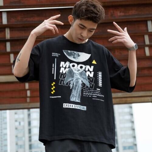 CROXX Techwear Mens Black Graphic Cotton T-shirt 'GuardianAngel' Hip Hop Style Punk Fashion