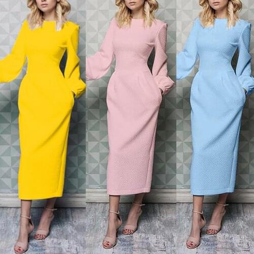 Elegant Women Solid Color O Neck Long Puff Sleeve Waist Tight Party Midi Dress women autumn winter club party night dress