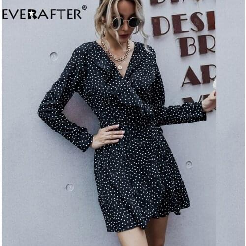 EVERAFTER Polka dot fashion ruffles mini dress v-neck long sleeve lace up high waist Autumn dress ruched holiday short dresses