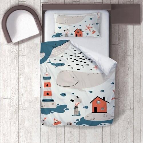 Duvet Cover Set Bedding Set Pillow Case for Baby and Kids Room 3D Printed White Sea Whale House Model 1340