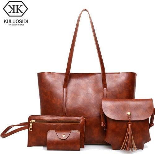 KULUODISI Brand Women Composite Bags Casual Tote Purses And Handbags 4pcs Set Tassel Messenger Bags Large Capacity Shouder Bags