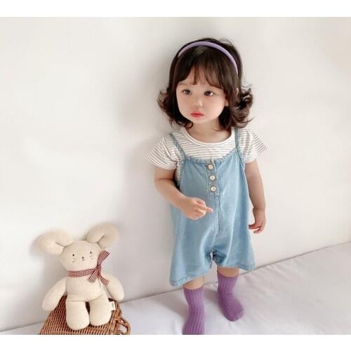 Summer Baby Boys and Girls Korean Style Fashion Denim Overalls and White T-shirt Optional