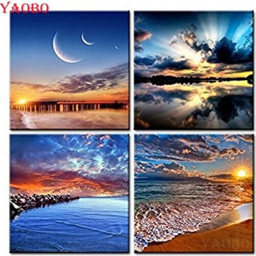 Full Square Drill 5D DIY Diamond Painting Natural landscape pattern Embroidery Cross Stitch Sunset Seascape Mosaic sticker 4 pcs