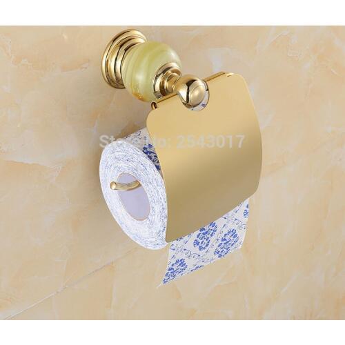 Hotel Toilet Roll Paper Holder Tissue Box Luxury Jade Golden Finished Wall Mounted Roll Tissue Holder Waterproof ZR2315