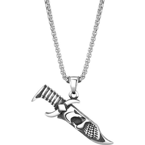 Stainless Steel Vintage Skull Dagger Pendant Necklace Jewelry Gift For Him Punk Rock Jewelry with Chain