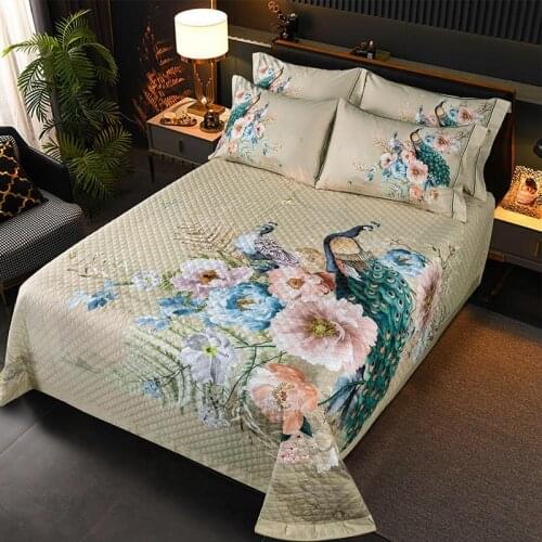 Peacock Bedspread Blossoming Floral Background Egyptian Cotton Quilted 3 Pcs Bed Coverlet Set with 2 Pillow Shams, Queen Size