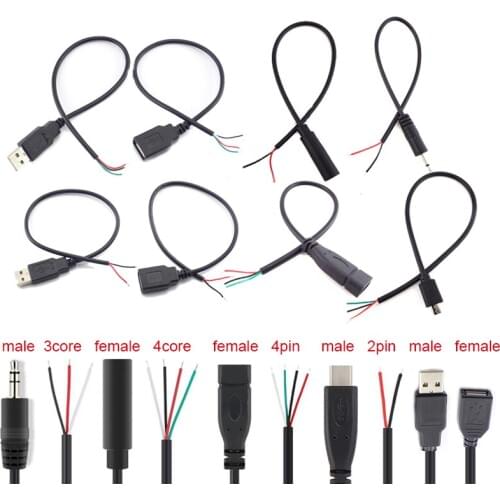 5 Types Wire Micro USB 2.0 Type-C AUX Mono Connector Power Supply Extension Cable Charger Male to Female 2-pin 4-pin Data Line
