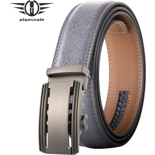 Plyesxale Luxury Designer Belt For Men Genuine Leather Alloy Ratchet Buckle Male Casual Trouser Belt Strap Gray White Blue B677