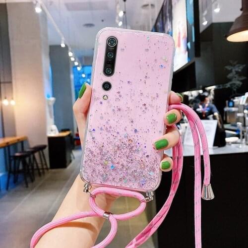 Luxury Bling Glitter Lanyard Silicone Phone Case For Xiaomi Mi 10 9 T 8 Lite Pro Redmi Note 9 8 7 Ultra-thin Necklace Rope Cover