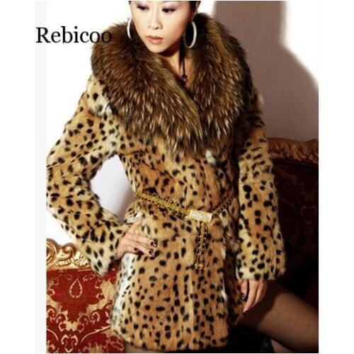 S/6XL Womens Leopard Print Faux Fur Coat Women Casual Raccoon Fur Collar Fashion Man-Made Fur Long Jacket Plus Size Overcoat K18
