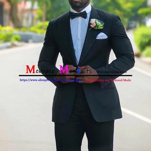 Dark Blue Mens Slim Suits Classic Office Business 2 Piece Groom Prom Tuxedos Groomsmen Blazer For Wedding (Jacket+Pants) Terno