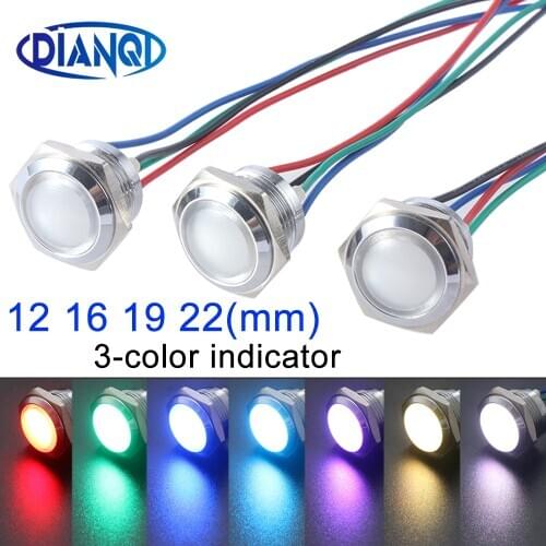 3V6V12V24V110V220V 12mm 16mm 19mm 22mm Waterproof Metal Spherical Round indicator Signal lamp LIGHT with wire 3 LED color Custom