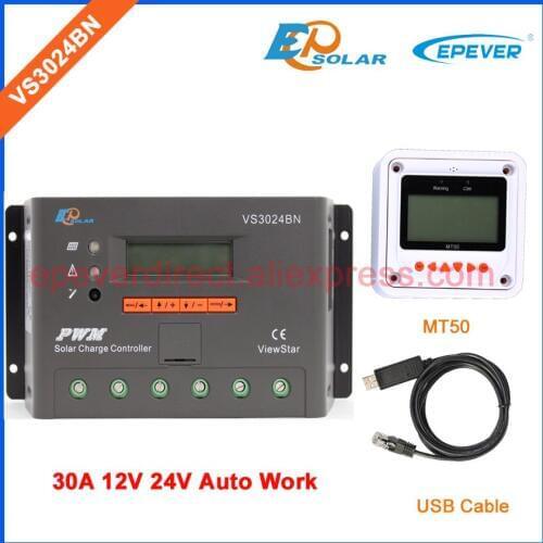 Battery Solar charger 30A automatic 12V 24V Work Controller EPEVER VS3024BN PWM LCD MT50 remote meter and USB Cable