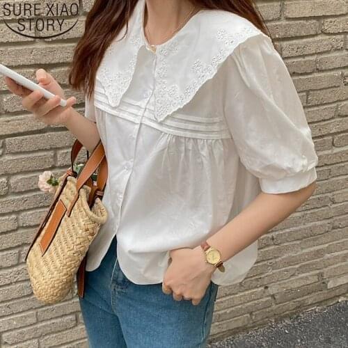 Blusas Korean Fashion Lace Shirt Women Tops Hollow Out Short Sleeve Shirts New Summer Sweet Peter Pan Collar Casual Tops 14067