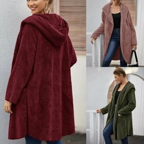 Womens Solid Color Hooded Fleece Coat Soft Warm Outwear Jacket Luxe Plush Long Sleeves Comfortable Fashion 2020 Hot