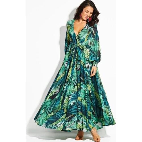 3XL Plus Size 2021 Autumn Fashion Women Long Lantern Sleeve V-Neck Loose Dresses Floral Print Bohemia Casual Beach Green Dress
