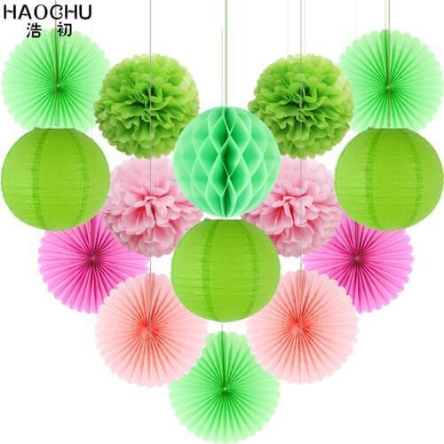 15pcs/set Green Paper Lanterns Tissue Pompoms Flower Honeycomb Ball Paper Fan Rosettes Hawaiian Party Favors DIY Decorations
