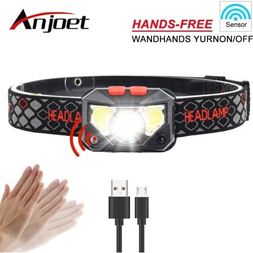 Anjoet LED Headlamp Motion Sensor head lamp headlight Light Torch Built-in battery inductive USB Rechargeable with Portable box