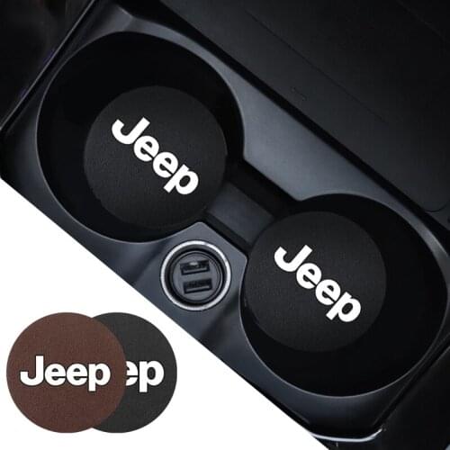 2Pcs PU Leather Car Cup Mat Auto Emblem Non-Slip Cup Slot Pad For Jeep Compass Grand Cherokee Renegade Wrangler Cherokee Patriot