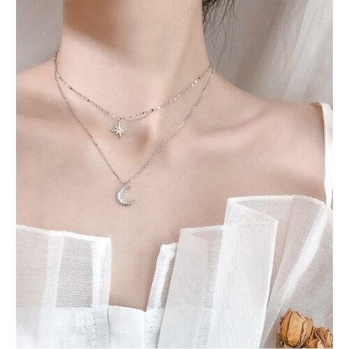 Sterling S925 3Pcs/Lot Twinkle Zircon Star Moon Double Necklaces Chain Choker Fashion Necklace