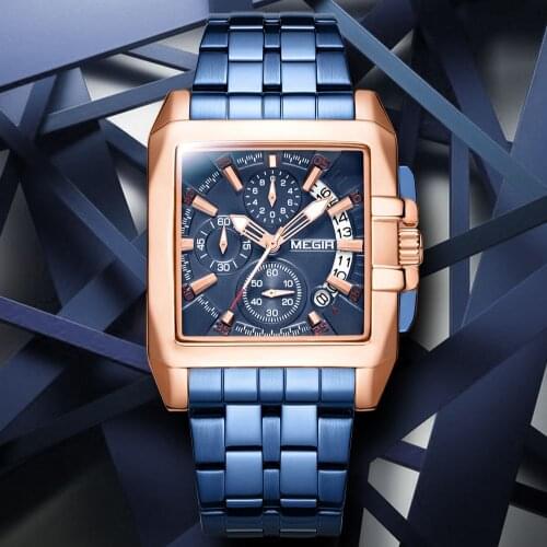Fashion Trend New Blue Quare Luxury Business Men Watch Waterproof Quartz Military Casual Sports Male Wristwatches MEGIR 2018