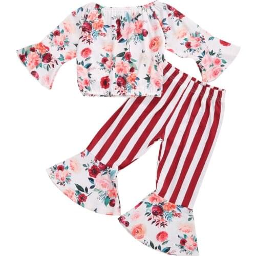 Children Spring Autumn Clothing Floral 2Pcs Set Infant Kids Baby Girls Flare Long Sleeve Off Shoulder Tops Striped Pants Outfits