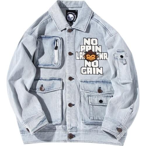 Original popular logo cartoon monkey embroidered lapel denim jacket for fall loose oversized couple jacket casual solid clothes