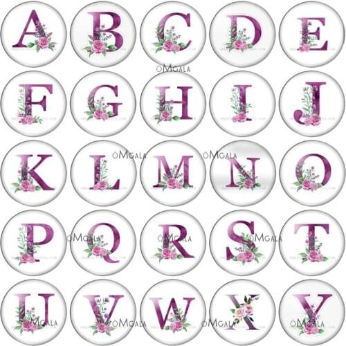 A-Z 26 Letters Print 8-30 MM Purple Flowers Letter Birthday Gift Round photo glass cabochon demo flat back Making findings