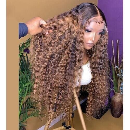 Highlight Curly 180% Density 13×6 T part Lace Front Human Hair Wigs Scalp Top Closure Wigs With Baby Hair Remy Bleached Knots