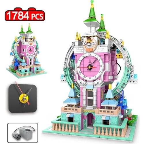 City Street View Electric Time Bell Ferris Wheel Architecture Building Blocks Friends MOC Castle House Bricks Toys For Girls