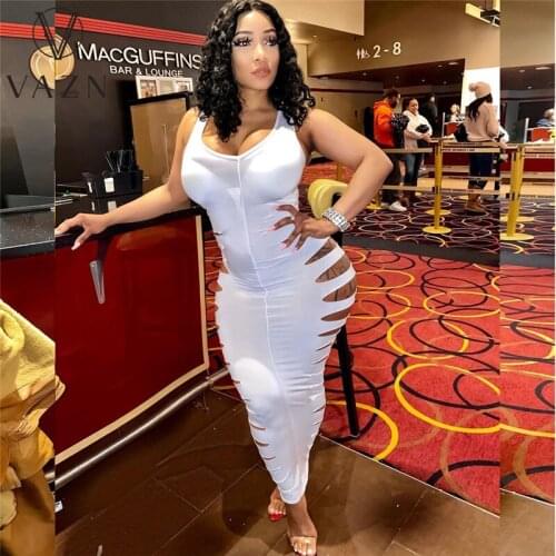 VAZN Summer 2021 European and American Womens Sexy Balter Sleeveless Flower Hollow Solid Color Long Dress