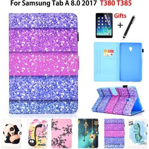 Cute Cartoon Case For Samsung Galaxy Tab A 2017 8.0 T380 T385 SM-T385 8.0" Cover Funda Tablet PU Leather Stand Shell +Film+Pen