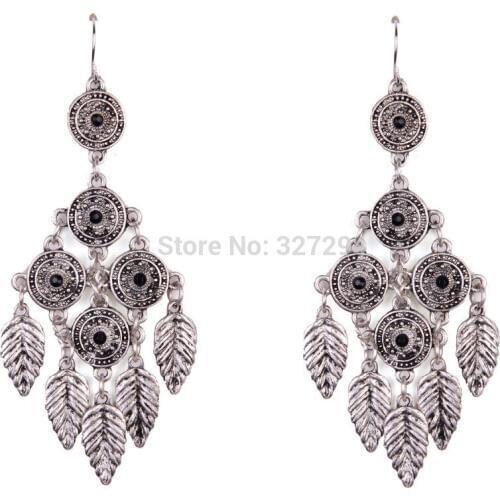 Fashion Women Ear Jewelry Long Dangle Earring Silver Color Antique Stone Set Leaf Tassel Drop Earrings For Best Friends Gift