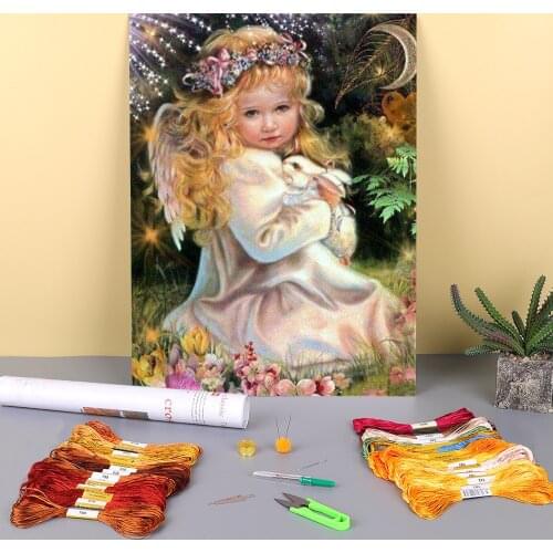 Angel Girl Boy Flowers Printed Water-Soluble Canvas 11CT Cross Stitch Embroidery Complete Kit DMC Threads Hobby Decor