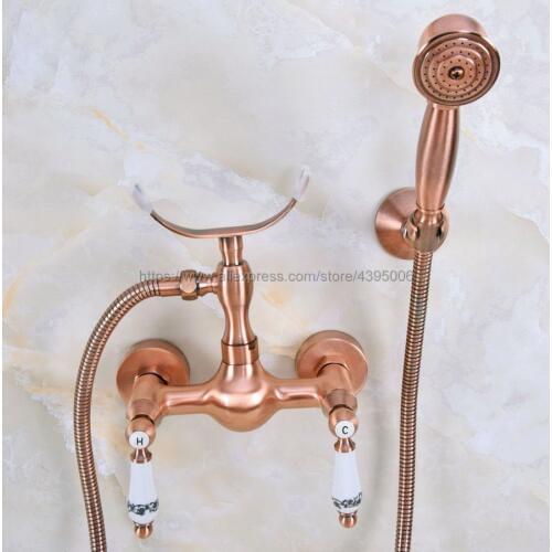 Antique Red Copper Ceramic Handle Wall Mounted Bathroom Bath Faucet Mixer Tap With Hand Shower Head Shower Faucet Set Bna354