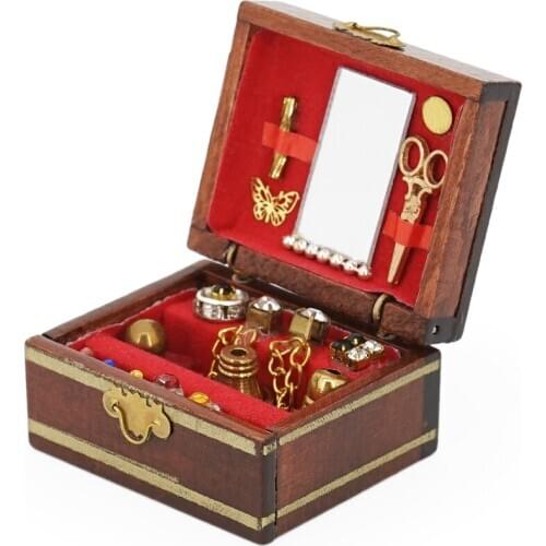 Odoria 1:12 Miniature Jewelry Box Display Case Red Wooden Women Makeup Set Dollhouse Furniture Accessories