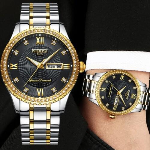 NIBOSI Couple Watch Women Men Luxury Crystal Quartz Wrist Watches Lovers Clock Week Date Gold Montre Femme Relogio Feminino
