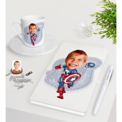 Personalized Kids Captain America Caricature Of White Notebook Pen Turkish Coffee Cup Seti-1