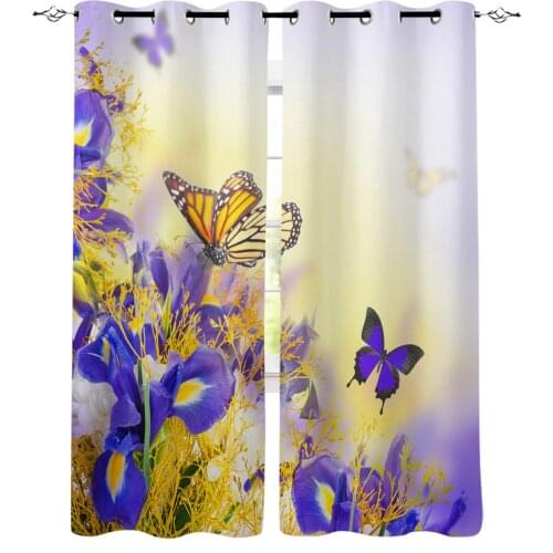 Luxury Curtains Blue Iris Flower Butterfly Blackout Curtain for The Bedroom Home Decor Living Room Kitchen Blackout Curtain