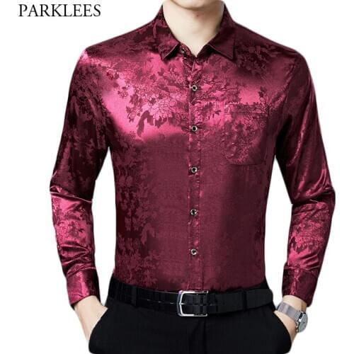 Wine Red Floral Silk Satin Shirt Men 2020 Stylish Flower Jacquard Mens Dress Shirts Slim Fit Casual Button Down Shirt Chemise