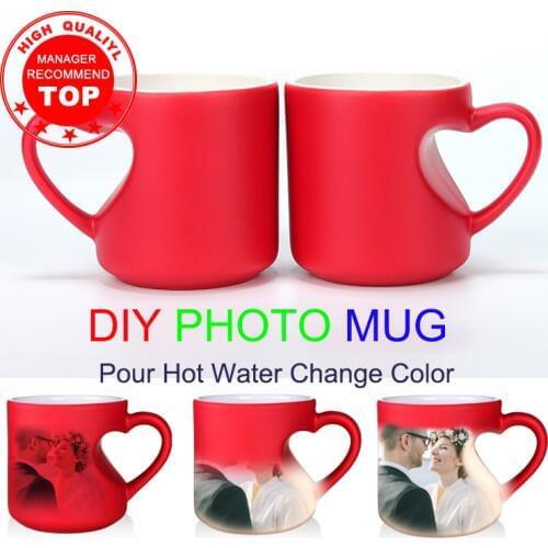 DIY Color Changing Mug Love heart Red Coffee Cup DIY Picture Text LOGO Creative Mug Ceramic Cup Gift Round Ceramic Cup