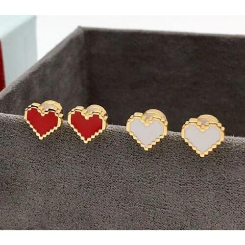 SOELLE Fashion Real 925 Sterling Silver Yellow Gold Color Red and White Pixel Love Heart Stud Earrings for Women Brand Jewelry